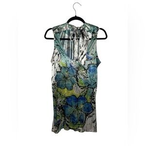 B.L.E.U. Blue and Green Sleeveless Blouse With Neck Tie